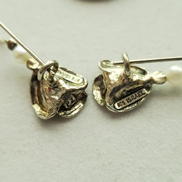 PZ ISRAEL Sterling Rose Earrings with White Cultured Pearl 1.25”L - Picture 12 of 15